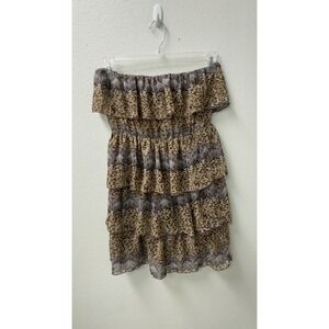 Windsor Strapless Tiered Mini Dress M Brown Leopard Print Boho Chic Y2k Club